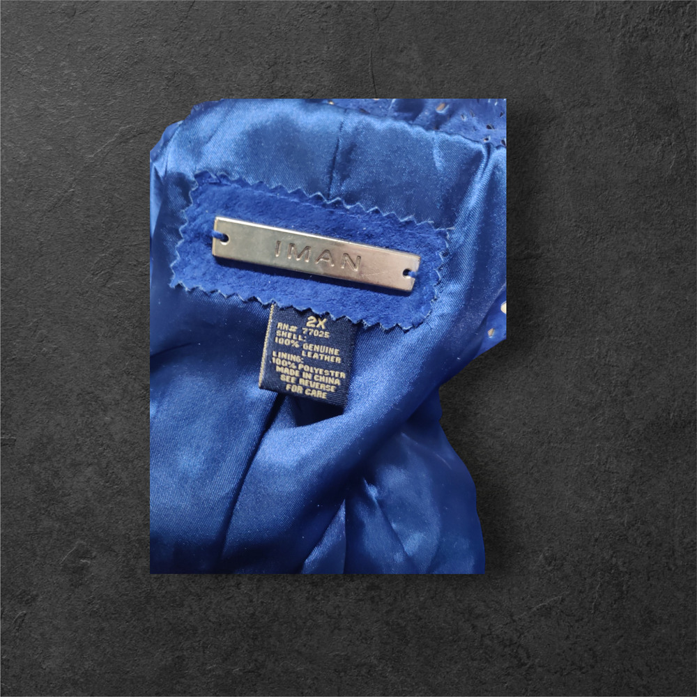 IMAN genuine soft blue leather shell jacket w/ blue suede & gold floral design - Picture 4 of 4